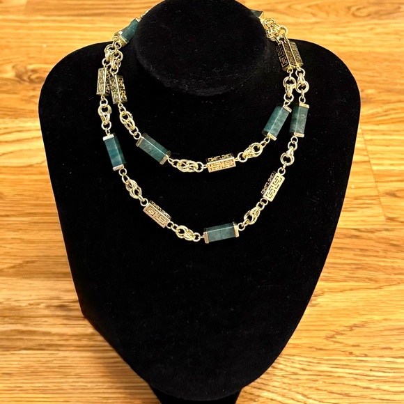 Vintage Asian Green Jade Gold Tone Necklace - 28” - Picture 1 of 6